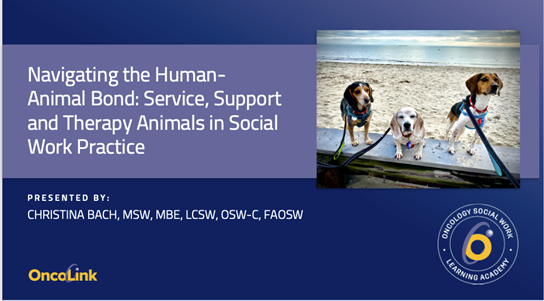 Slide of course presented by Christina Bach, MSW, MBE, LCSW,OSW-C, FAOSW with adorable dogs